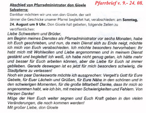 Dankesworte von Gioele im Pfarrbrief 378